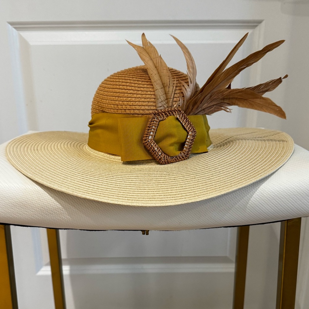 Chic Tan and Gold Women's Hat with Feather Accent